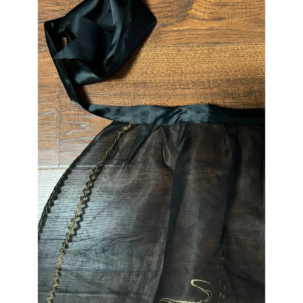 VTG Mid Century Sheer Black Half Apron Hand Painted Martini Cigarette Gold Trim